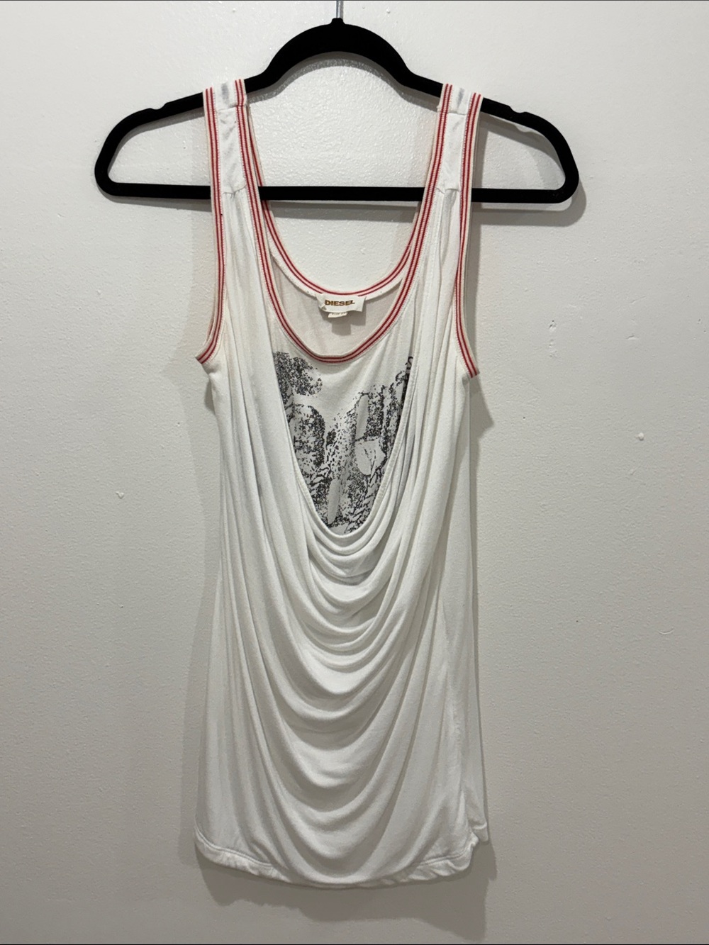 Vintage Diesel White Draped Tank with Red-Trimmed Neckline
